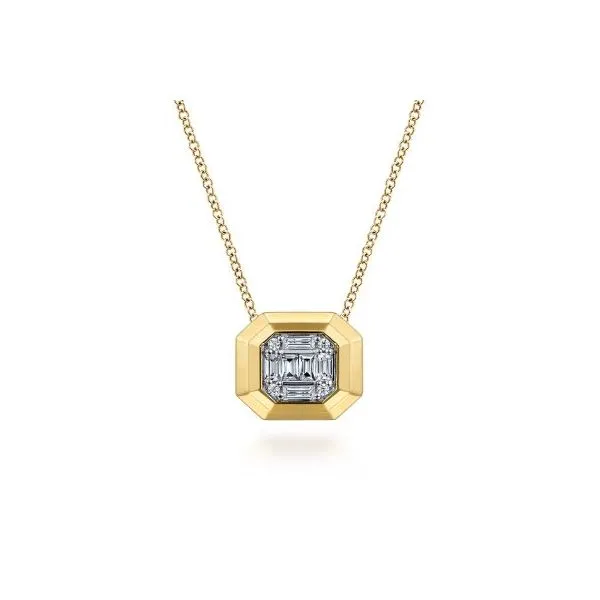 Gabriel & Co. 14K Yellow Gold Geometric Baguette and Round Diamond Pendant Necklace Diamond Showcase Longview, WA