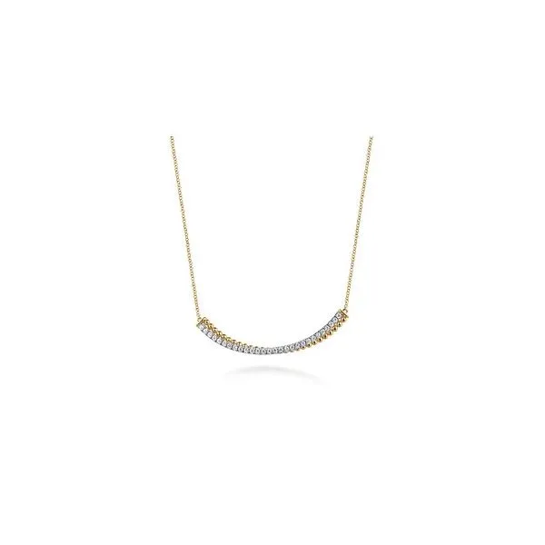 Gabriel & Co. 14K White & Yellow Gold Bujukan and Diamond Curved Bar Necklace Diamond Showcase Longview, WA