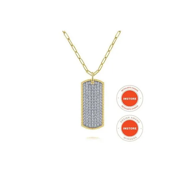 Gabriel & Co. 14K Yellow Gold Diamond Pav Dog Tag Pendant Hollow Chain Necklace Diamond Showcase Longview, WA