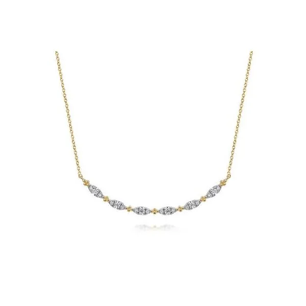 Gabriel & Co. 14K Yellow Gold Curved Bujukan Bar Diamond Necklace Diamond Showcase Longview, WA