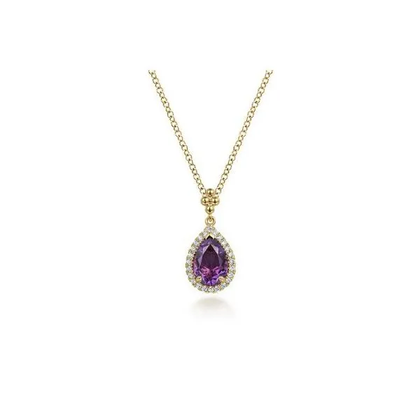 Gabriel & Co. 14K Yellow Gold Teardrop Amethyst with Diamond Halo Necklace Diamond Showcase Longview, WA