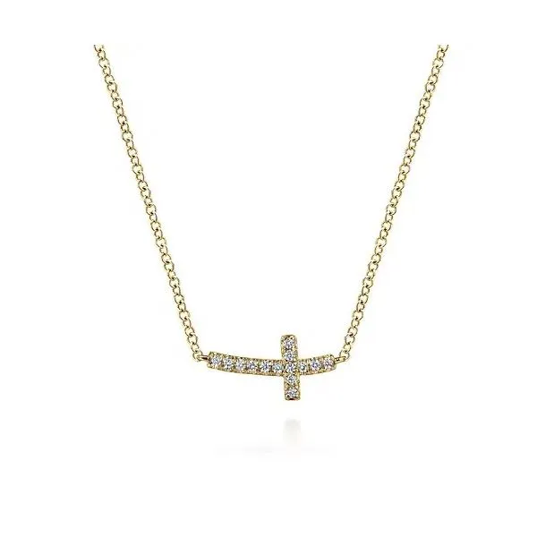 Gabriel & Co. 14K Yellow Gold Sideways Curved Diamond Cross Necklace Diamond Showcase Longview, WA
