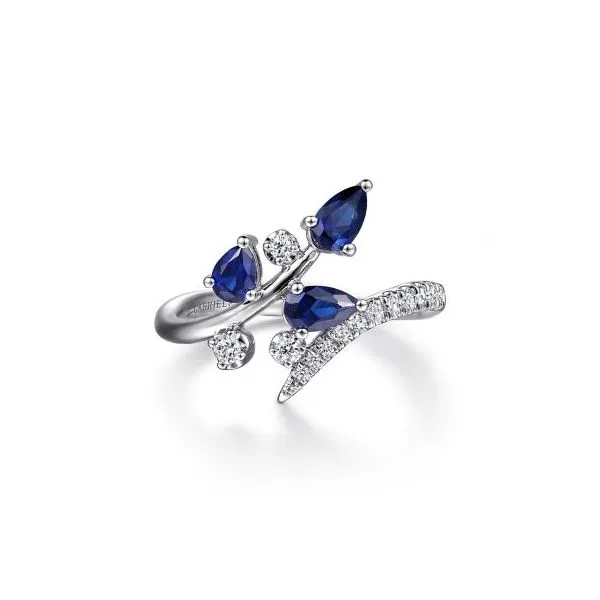 Gabriel & Co. 14K White Gold Diamond and Blue Sapphire Bypass Floral Ring Diamond Showcase Longview, WA