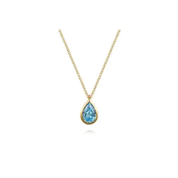 Gabriel & Co. 14K Yellow Gold Teardrop Blue Topaz Pendant Necklace Diamond Showcase Longview, WA