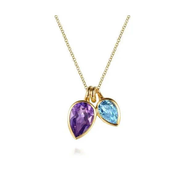 Gabriel & Co. 14K Yellow Gold Toi et Moi Blue Topaz and Amethyst Necklace Diamond Showcase Longview, WA