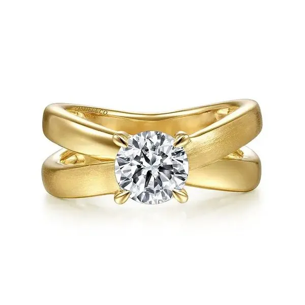 Gabriel & Co. 14K Yellow Gold Split Shank Emerald Diamond Engagement Ring Diamond Showcase Longview, WA