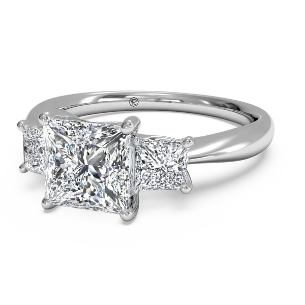 RITANI Three Stone Diamond Engagement Ring with Princess Cut Side Diamonds in White Gold