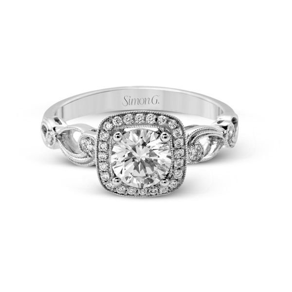 Cushion Halo Scroll Engagement Ring Di'Amore Fine Jewelers Waco, TX