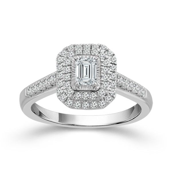 14k White Gold Emerald Cut Diamond Double Halo Engagement Ring Dickinson Jewelers Dunkirk, MD