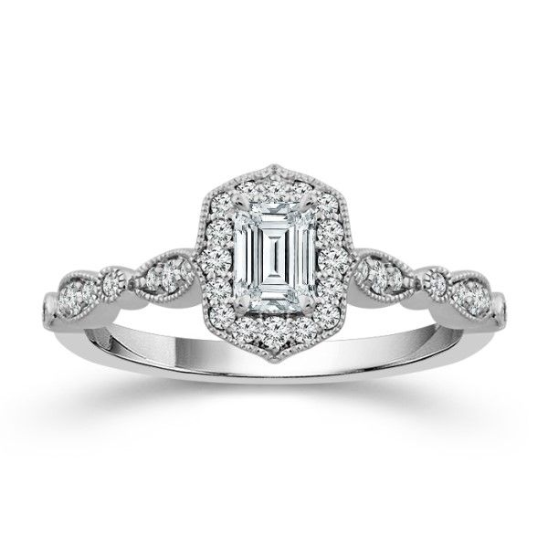 14k White Gold Emerald Cut Diamond Fancy Halo Engagement Ring Dickinson Jewelers Dunkirk, MD