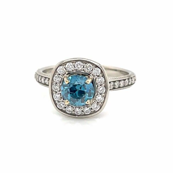 14k White-Yellow Gold Blue Diamond Halo Ring Dickinson Jewelers Dunkirk, MD