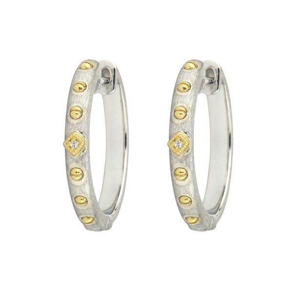 18k Yellow Gold and Sterling Silver Diamond Hoop Earrings Dickinson Jewelers Dunkirk, MD