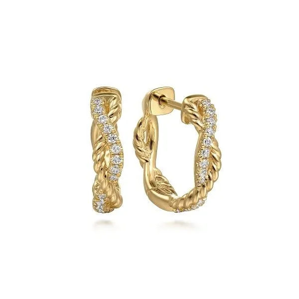 14K Yellow Gold Twisted Rope Diamond Huggie Hoop Earrings Dickinson Jewelers Dunkirk, MD