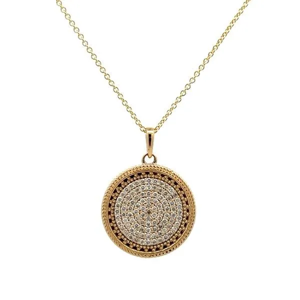14 Karat Yellow Gold Round Pave Diamond with Beaded Border Pendant Dickinson Jewelers Dunkirk, MD