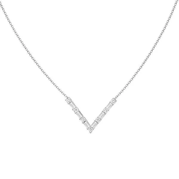 18K White Gold Baguette and Round Diamond "V" Center Necklace Dickinson Jewelers Dunkirk, MD