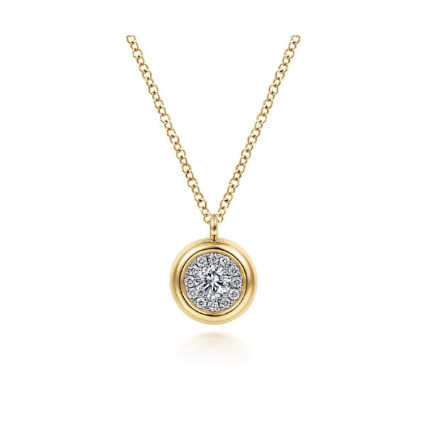 14K Yellow Gold Round Diamond Cluster Bezel Pendant Necklace Dickinson Jewelers Dunkirk, MD
