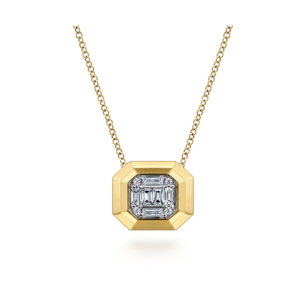 14K Yellow Round and Baguette Diamond Cluster Pendant Necklace Dickinson Jewelers Dunkirk, MD