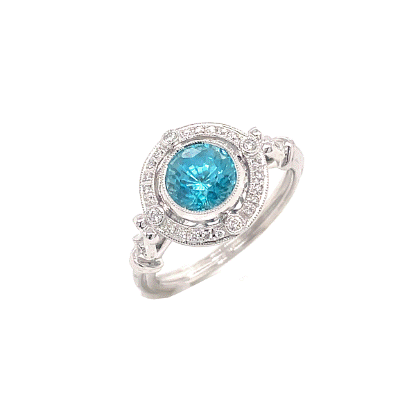 18k Gold Blue Zircon Halo Ring Dickinson Jewelers Dunkirk, MD