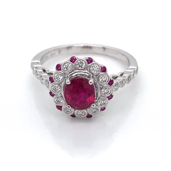 18k White Gold Ruby Halo Ring Dickinson Jewelers Dunkirk, MD