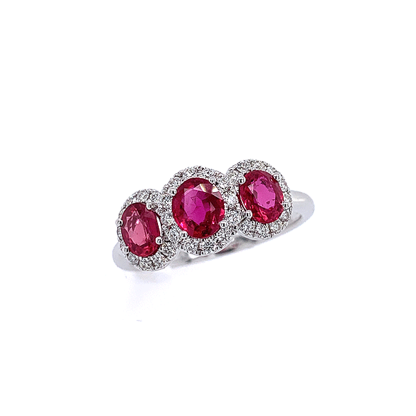 14k White Gold Ruby Three Stone Halo Ring Dickinson Jewelers Dunkirk, MD