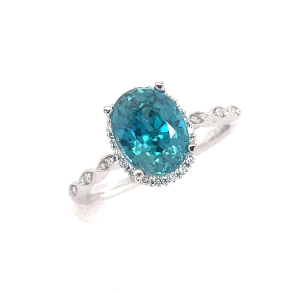 14k White Gold Blue Zircon Halo Ring Dickinson Jewelers Dunkirk, MD