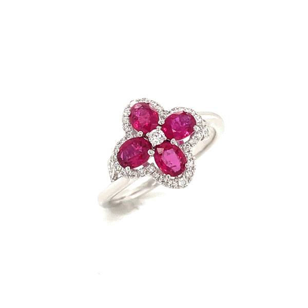 14k White Gold Ruby Clover Ring Dickinson Jewelers Dunkirk, MD