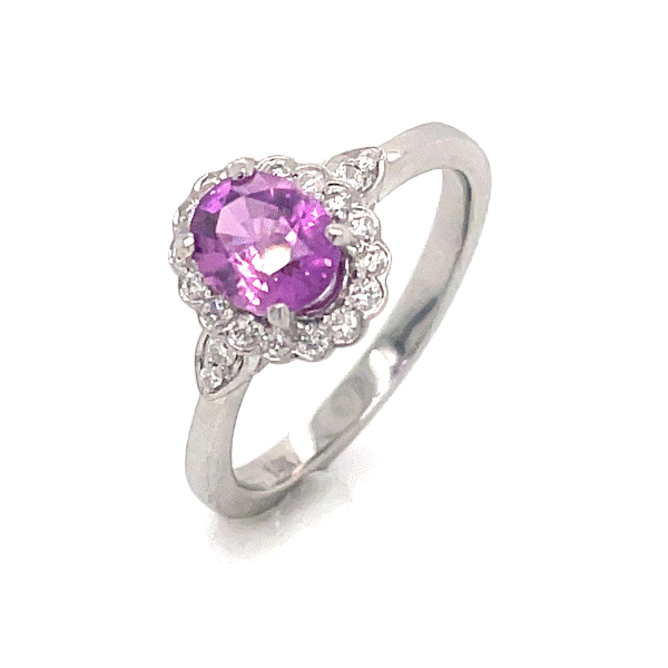 14k White Gold Pink Sapphire Halo Ring Dickinson Jewelers Dunkirk, MD
