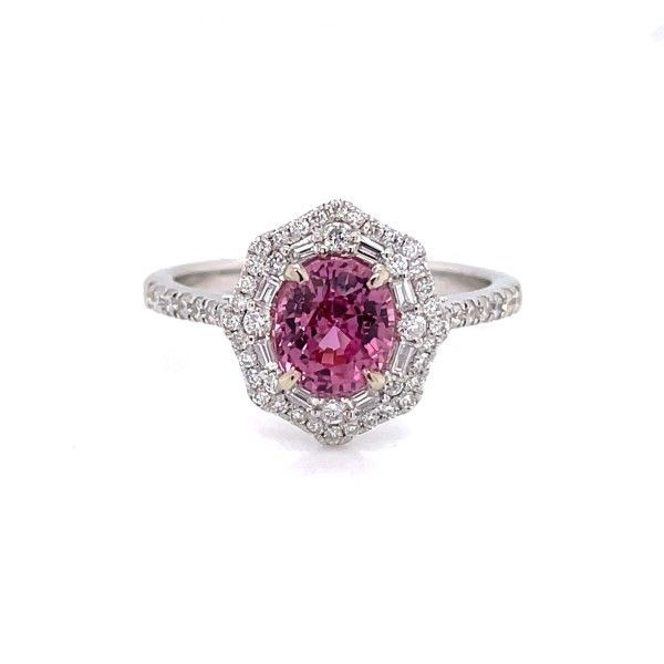 14k White Gold Padparadscha Sapphire Halo Ring Dickinson Jewelers Dunkirk, MD