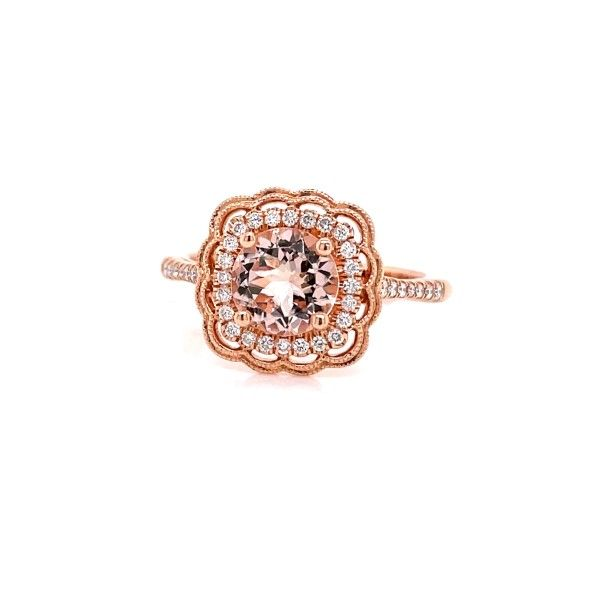 14k Rose Gold Morganite Halo Ring Dickinson Jewelers Dunkirk, MD