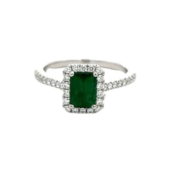 18k White Gold Columbian Emerald Halo Ring Dickinson Jewelers Dunkirk, MD