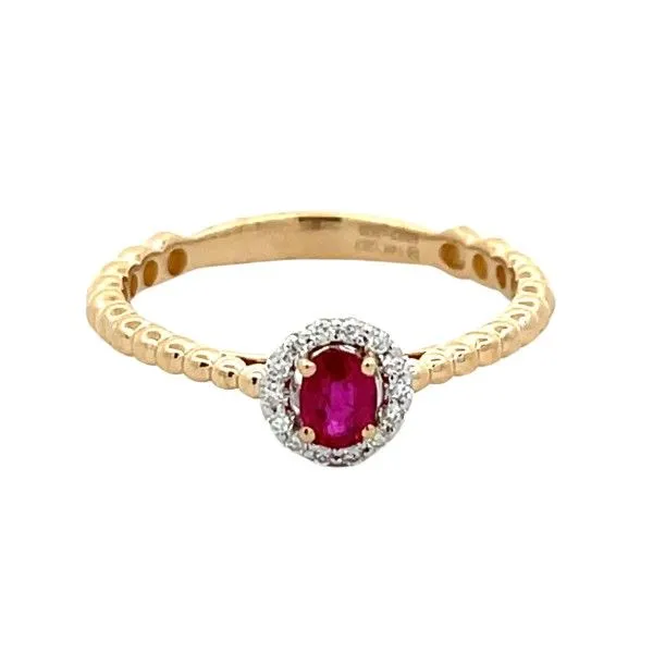 14 Karat Two-Tone Oval Ruby Halo Beaded Ring Dickinson Jewelers Dunkirk, MD