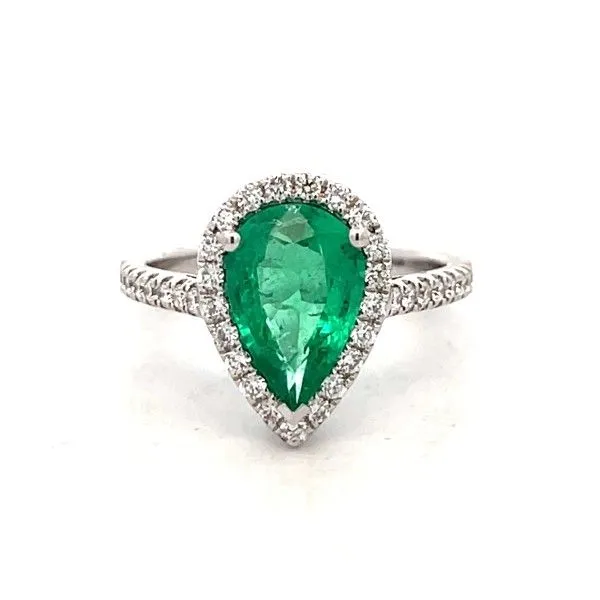 18 Karat White Gold Pear Emerald Halo Ring Dickinson Jewelers Dunkirk, MD