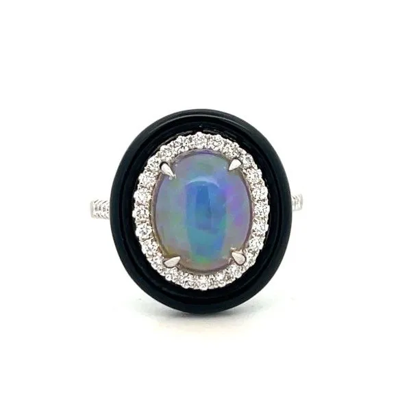 14 Karat White Gold Opal Black Onyx Halo Ring Dickinson Jewelers Dunkirk, MD