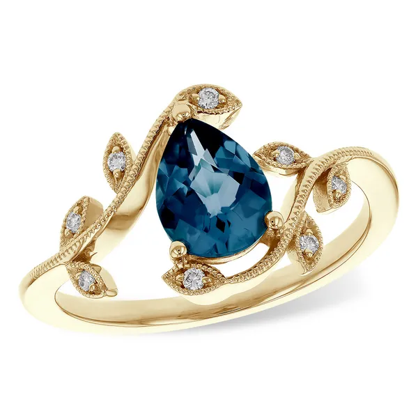 14 Karat Yellow Gold London Blue Topaz Vine Design Ring Dickinson Jewelers Dunkirk, MD