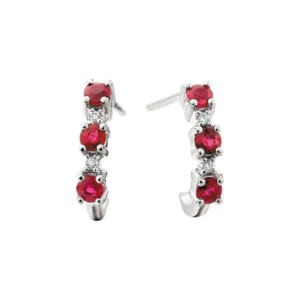 10k White Gold Ruby and Diamond J-Hoop Earrings Dickinson Jewelers Dunkirk, MD