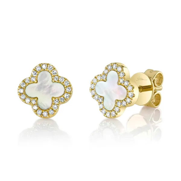 14Kt Yellow Gold Mother of Pearl Clover Halo Post Earrings Dickinson Jewelers Dunkirk, MD