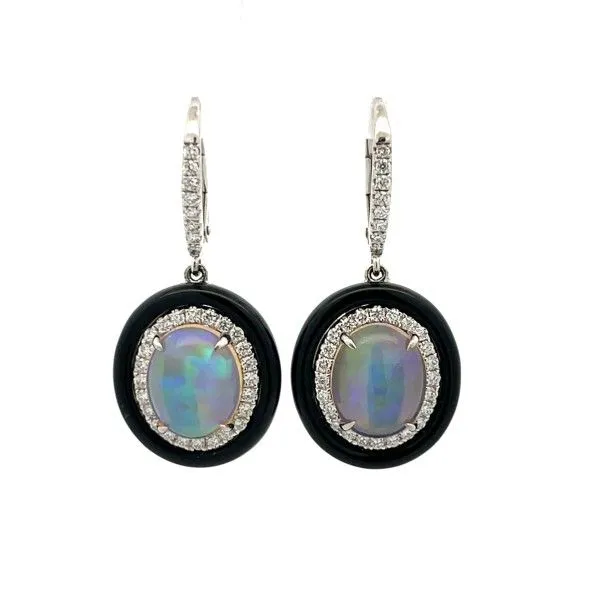 14 Karat White Gold Opal Black Onyx Frame Halo Dangle Hoop Earrings Dickinson Jewelers Dunkirk, MD