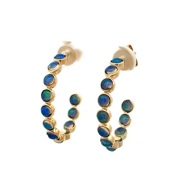 18 Karat Yellow Gold Round Opal Bezel Hoop Earrings Dickinson Jewelers Dunkirk, MD