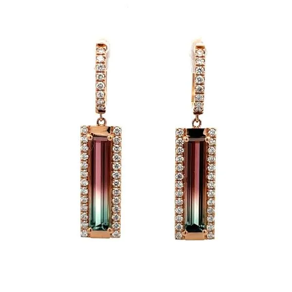 18 Karat Rose Gold Bi-Color Tourmaline Halo Dangles Hoop Earrings Dickinson Jewelers Dunkirk, MD
