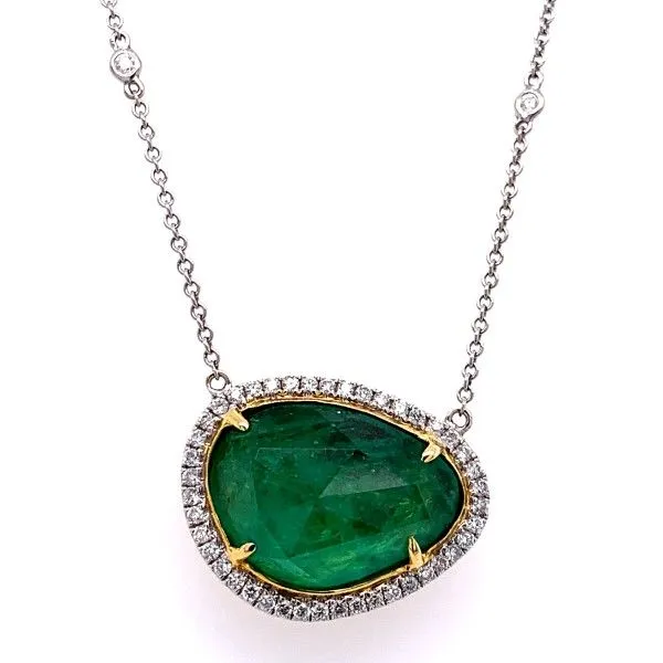 18k White-Yellow Gold Emerald Halo Necklace Dickinson Jewelers Dunkirk, MD