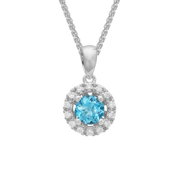 14k White Gold Blue Topaz Halo Pendant Dickinson Jewelers Dunkirk, MD