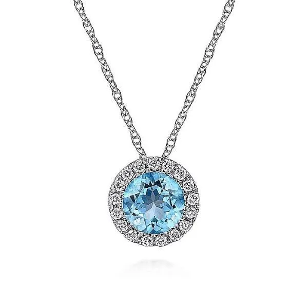 14k White Gold Blue Topaz Halo Pendant Dickinson Jewelers Dunkirk, MD