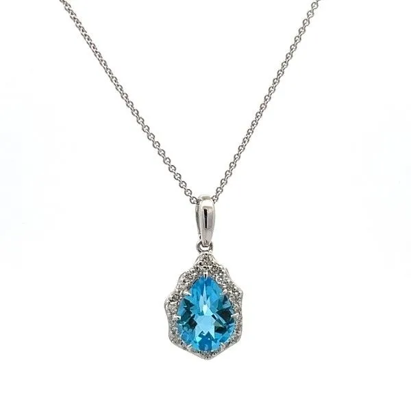 14K White Gold Blue Topaz and Diamond Halo Pendant Dickinson Jewelers Dunkirk, MD