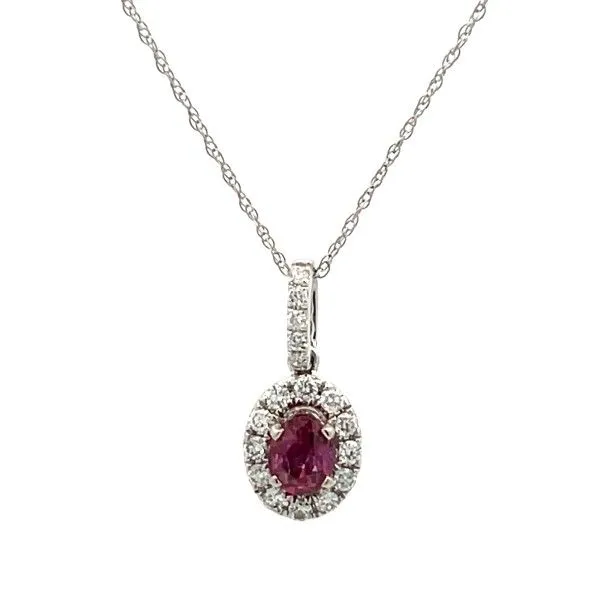 14K White Gold Oval Ruby Halo Pendant Dickinson Jewelers Dunkirk, MD