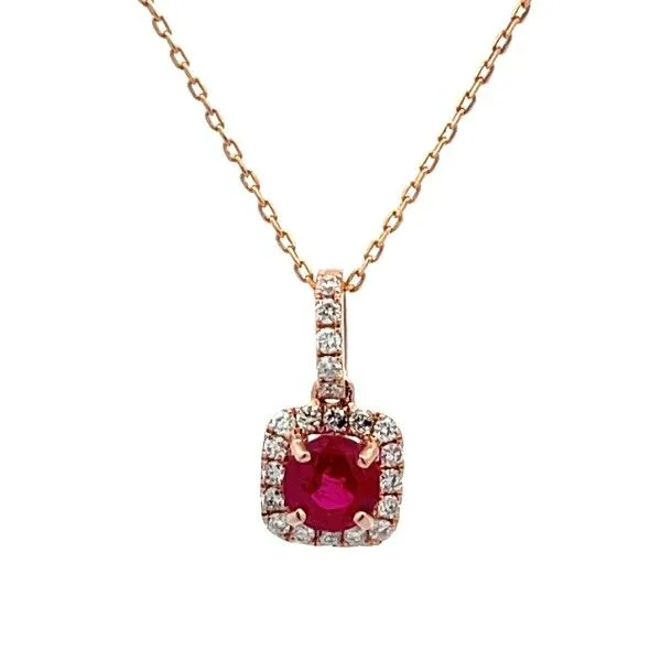 14K Rose Gold Round Ruby Halo Pendant Dickinson Jewelers Dunkirk, MD