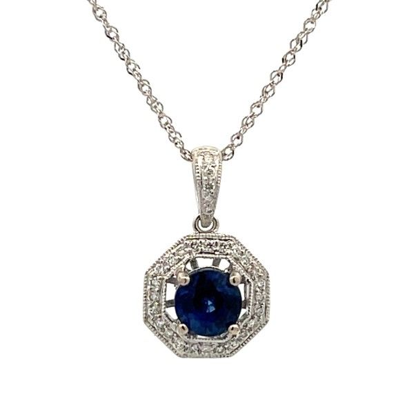 14K White Gold Round Sapphire Octagon Halo Pendant Dickinson Jewelers Dunkirk, MD