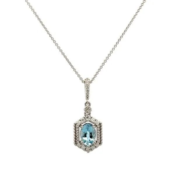 14Kt White Oval Aquamarine Hexagon Halo Pendant Dickinson Jewelers Dunkirk, MD