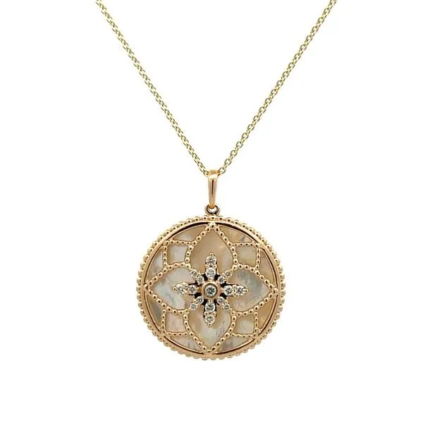 14K Yellow Mother of Pearl and Diamond Beaded Border Round Pendant Dickinson Jewelers Dunkirk, MD
