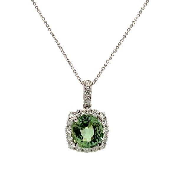 14 Karat White Gold Light Green Tourmaline Halo Pendant Dickinson Jewelers Dunkirk, MD