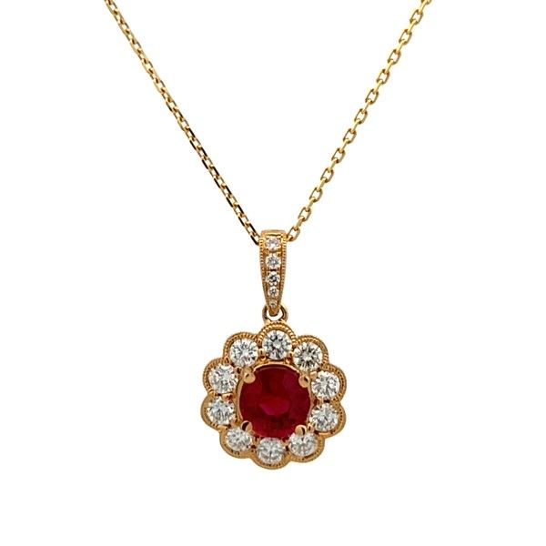 14 Karat Yellow Gold Round Ruby Halo Pendant Dickinson Jewelers Dunkirk, MD